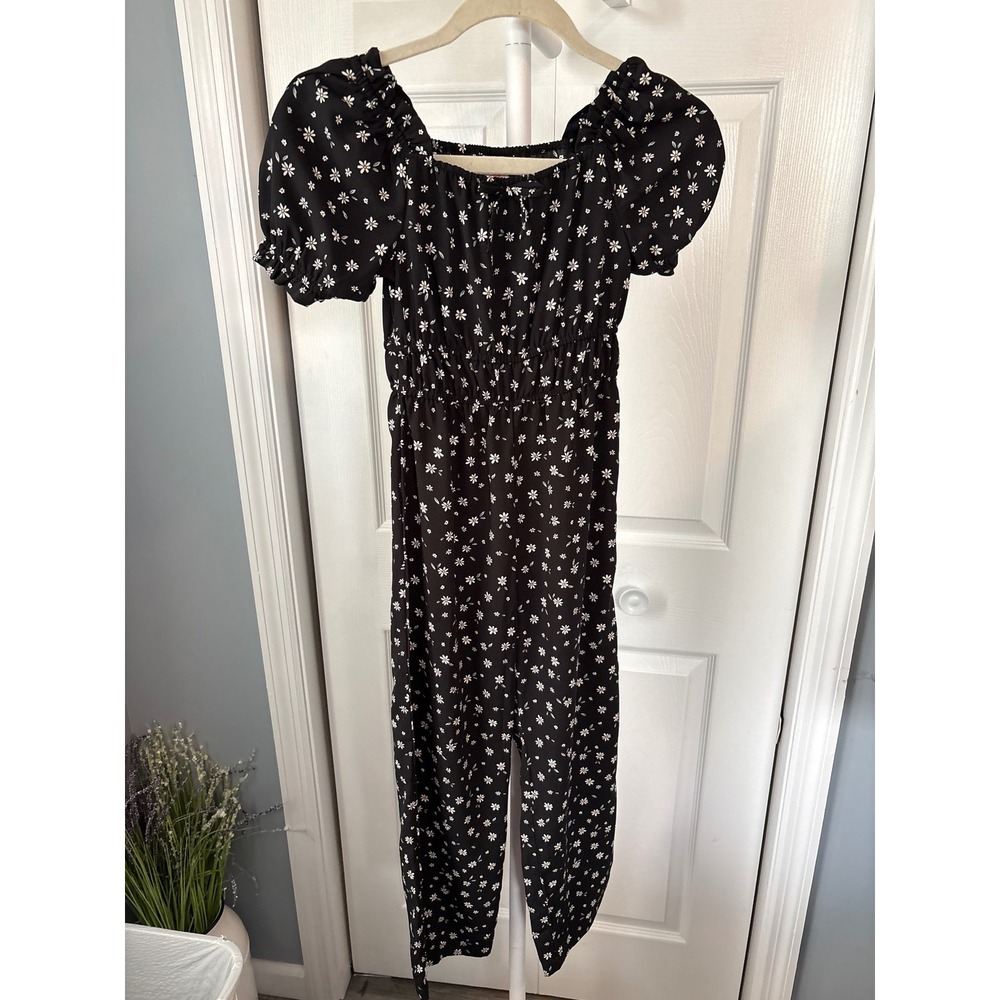 Kids Black Floral Daisy Jumpsuit Smocked Waist Puff Sleeve Wide Leg One Piece